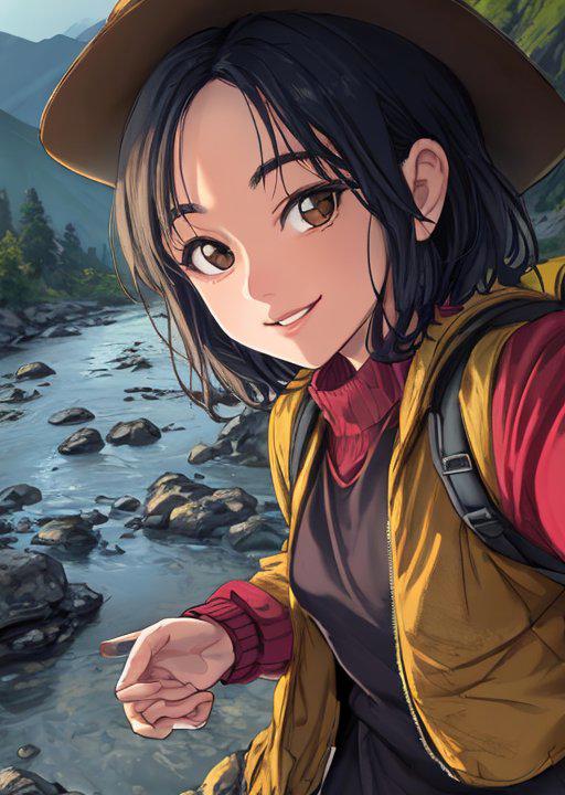 00088-4124965247-((selfie)) photo of MeiyuCipher, smiling, outdoors, mountains, wearing a backpack, sweater, and hiking jacket, rocks, river, woo.jpg